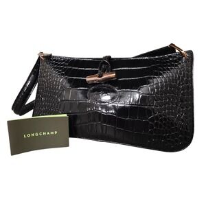 Longchamp Black Croco Embossed Leather Shoulder Baguette‎ Bag Y2K Purse